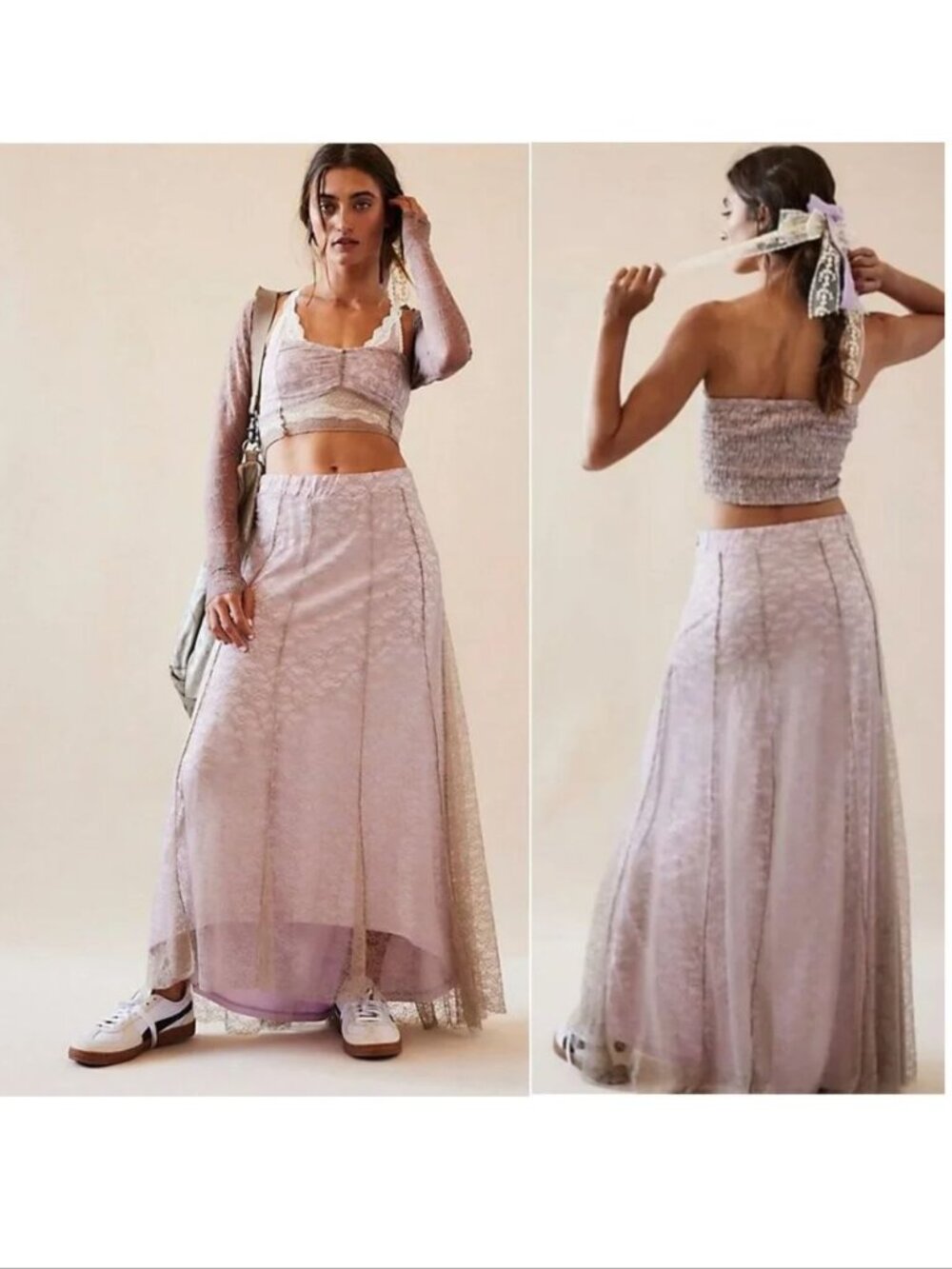 Free People Shape of You 2PC Set Crop Top Maxi Skirt Size S Sandy Pink Lace NEW